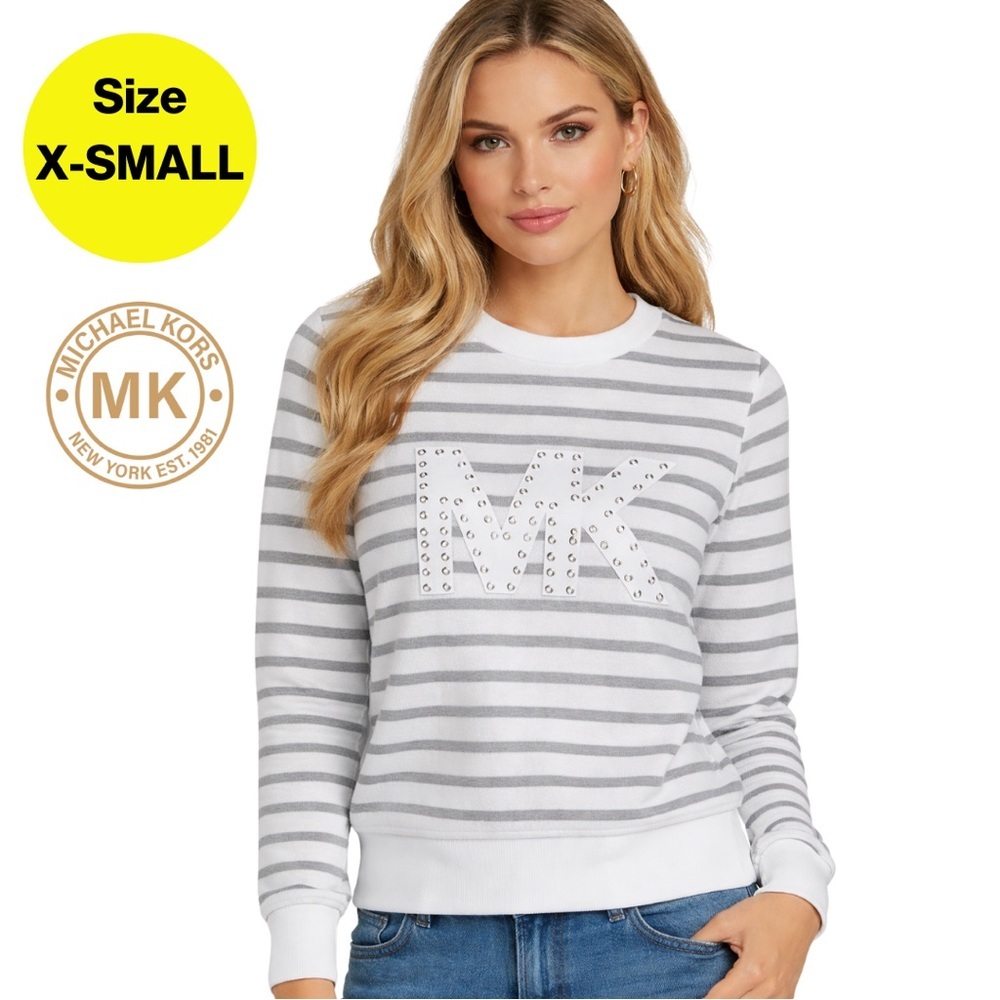 MICHAEL KORS ⭐️ Striped Gray and White Logo Sweatshirt (Women's Size X-Small)